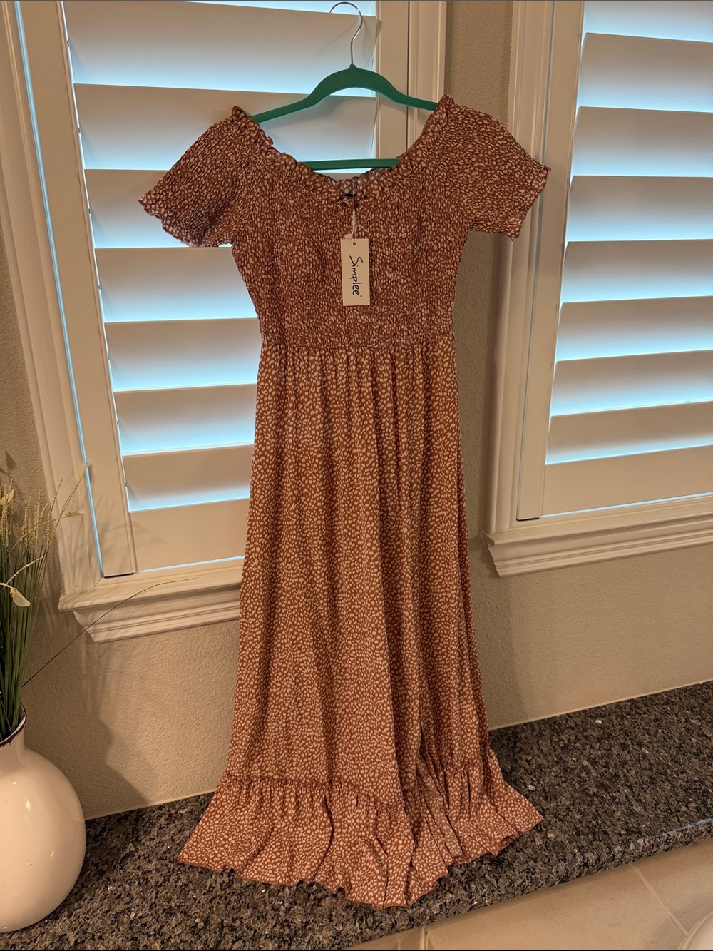 Smocked Short Sleeve Maxi Dress — Rust Floral, Small NWT
